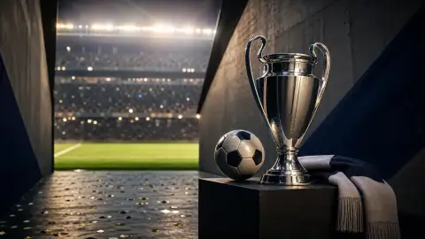Trophée et ballon à l'entrée d'un grand stade de football