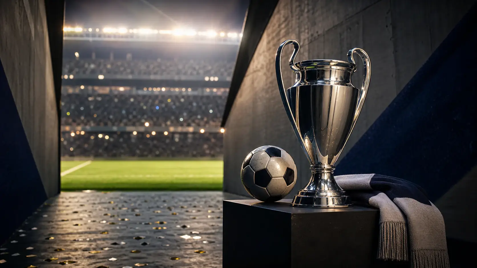 Trophée et ballon à l'entrée d'un grand stade de football