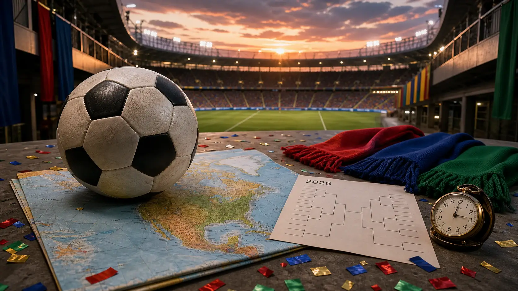 Ballon, carte de l'Amérique du Nord et tableau du tournoi mondial 2026