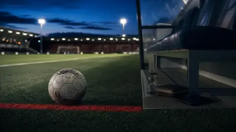 Ballon arrêté devant une limite rouge au bord d'un terrain de football
