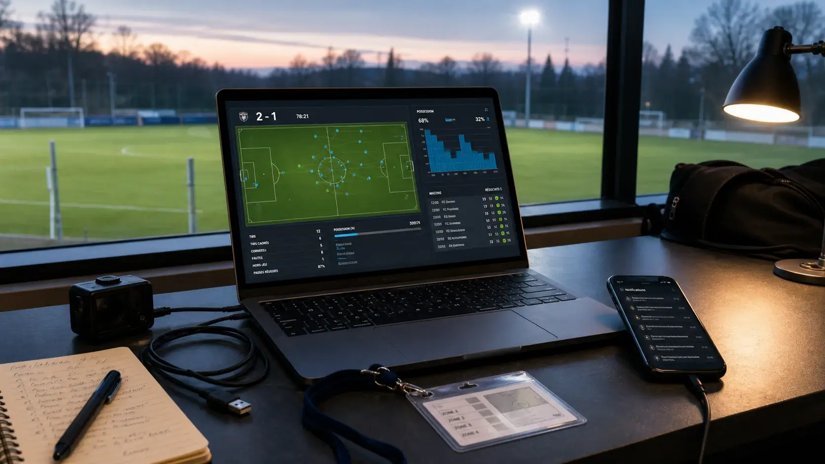 Poste de travail équipé d'outils technologiques pour analyser le football